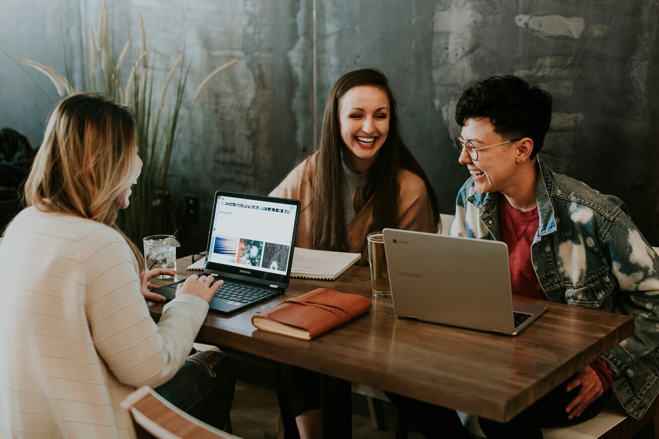 Application development team collaborating in an office
